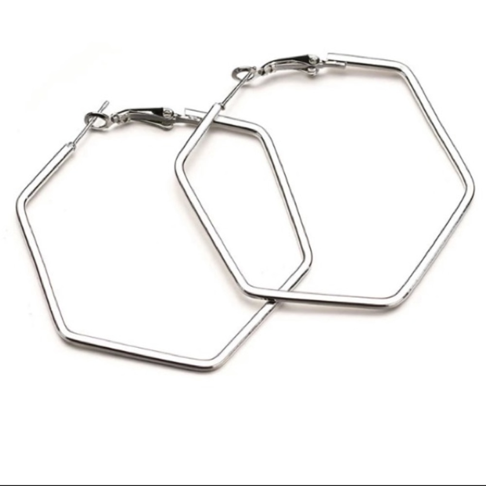 NEW!💙💎HEXAGON! AWESOME HOOPS!💎💙SILVERY MODERN! - Picture 7 of 8